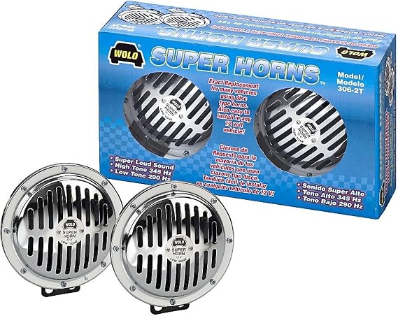 WOLO 306-2T Super Horns Dual Disc Car Horn Kit, 118 dB, 12V | European-style dual-disc horns with all-metal construction and two-terminal installation; no compressor needed.