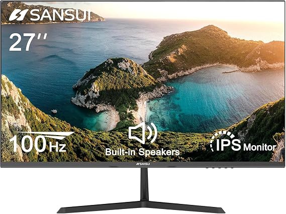 SANSUI 27 Inch Monitor, Build-in Speakers IPS 100Hz Monitor, FHD Computer Monitor DisplayPort HDMI VGA Inputs, 100 x 100 mm VESA Mount, Ultra Slim Ergonomic Tilt (ES-27X3A HDMI Cable Included)
