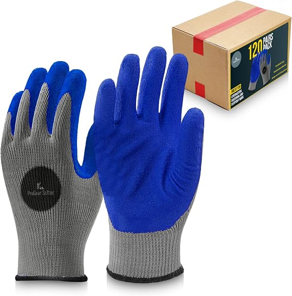 120 Pairs Blue Latex Coated, Gardening Gloves, Work Gloves, Double dipped, Textured Grip Gloves