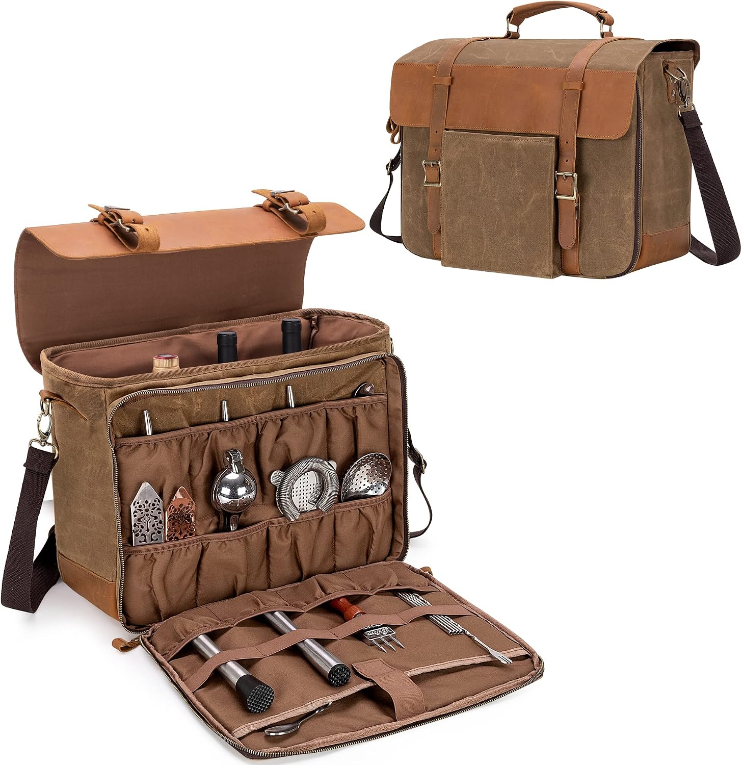 LoDrid Portable Bartender Bag for Bar Kits, Vintage Genuine Leather Waxed Canvas Bar Case with Thick Inner Dividers and Adjustable Shoulder Strap for Cocktail Making, Bag Only