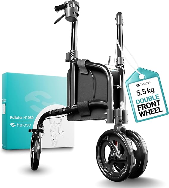 Helavo 3 Wheel Walker with Double Front Wheel, Narrow Walker for Seniors | Rollator Walker for Small Spaces, Easier Maneuverability, 26.8" Wide, Lightweight Aluminium Frame, 12.1 lbs, 300 lbs Capacity