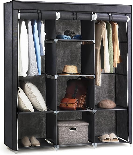 Hododou Canvas Wardrobe, Portable Wardrobe, Foldable Closet, Clothes Storage Organizer with 2 Hanging Rails for Living Room, Bedroom 175 x 150 x 45CM Grey