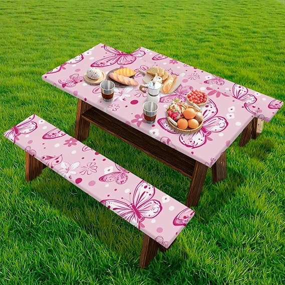 Pink Butterfly Picnic Table Cover with Bench Covers Set Fitted Rectangle Tables and Seats Camping Essentials Fitted Tablecloth Rectangle Tablecloths for Outdoor and Camping