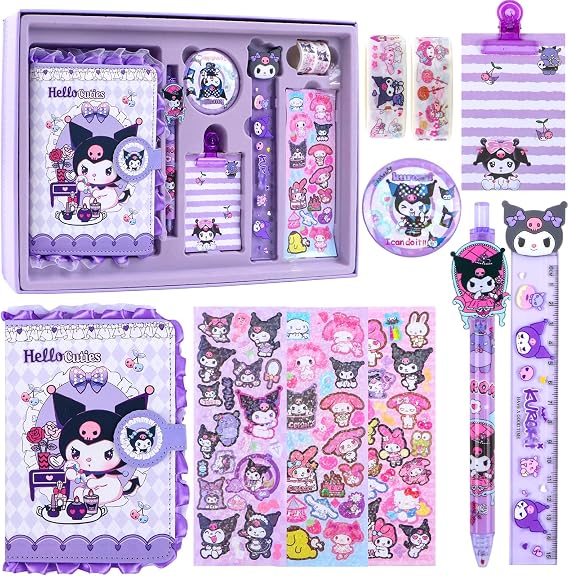 Cute Stationery Set, Kawaii Stationery School Supplies Includes Cartoon Notebook Pen Badge Stickers Ruler and Tapes, Christmas Stationery Birthday Gifts for Girls Boys Kids