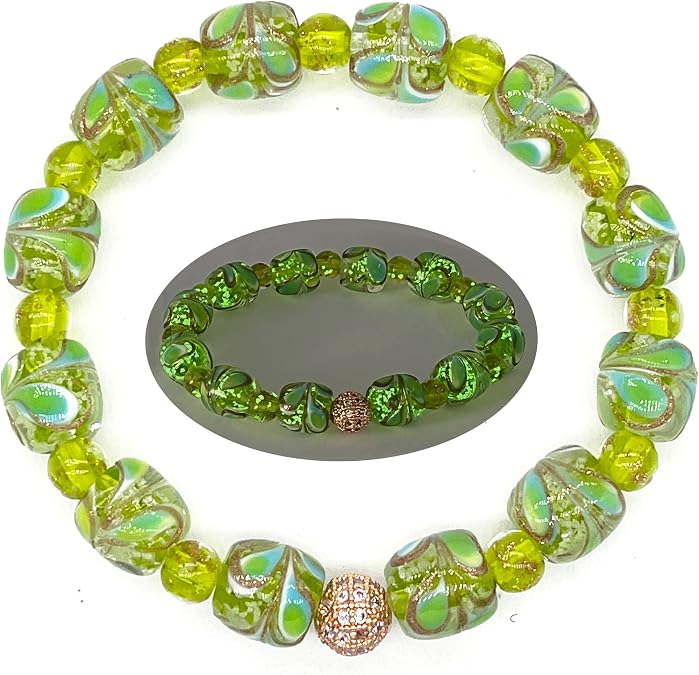 ARTSY CRAFTS INC Glow in the Dark Firefly Bead Bracelets, Peacock Feather Murano Glass Jewelry for Women, Mermaid Luminous Crystals Trendy Bracelets Bangles Handmade in USA