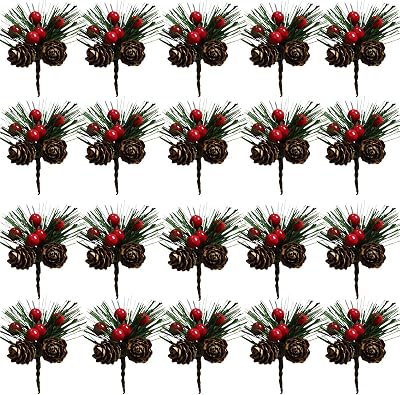 20PCS Artificial Pine Picks Christmas Simulation Pine Needle Small Berries Pinecones for Flower Arrangements Wreaths Wedding Garden Xmas Tree Decorations Red