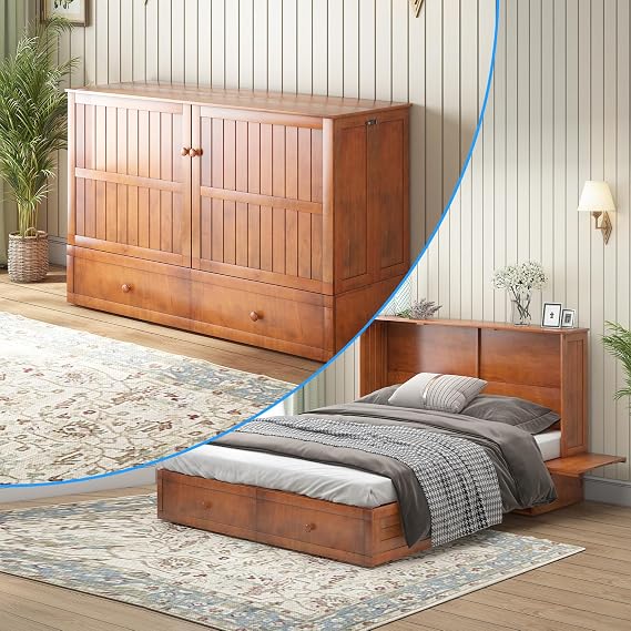 PUREMIND Queen Murphy Bed with Mattress Included for Small Space/Guest Room | Murphy Cabinet Bed with Storage Drawer, Built-in Charging Station, Solid Wood Frame, Space-Saving Cabinet Beds(Cherry)
