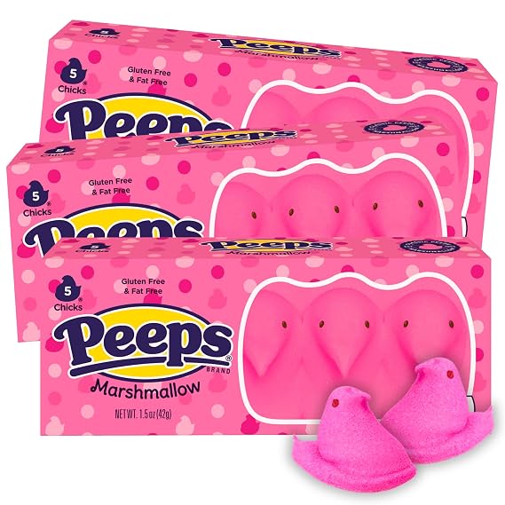 Pink Peeps Chicks Marshmallows, Easter Basket Stuffers, 5 in Each Classic Candies, (Pack of 3)