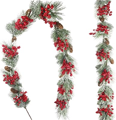 Christmas Garland for Decoration Red Berry Artificial Flowers Vines Christmas Outdoor Faux Greenery Garland Winter Pinecone Snowy Pine Needles Hanging Vine for Mantle Fireplace Party Home Decor