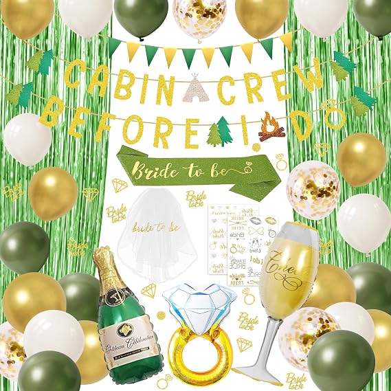 Camp Bachelorette Party Decorations, Bridal Shower Party Supplies Kit | Bride To Be Sash, Veil, Cabin Crew Before I Do Banner, Bachelorette Temporary Tattoos, Balloons Fringe Curtain,gold green