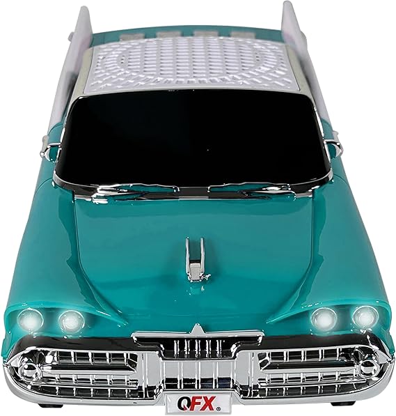QFX Bluetooth 1959 Retro Classic Car Speaker, Dual 2-inch Speakers, Hands-Free Link, Built-in Microphone, FM Radio, and LED Party Lights, Emerald - BT-1959-EMR