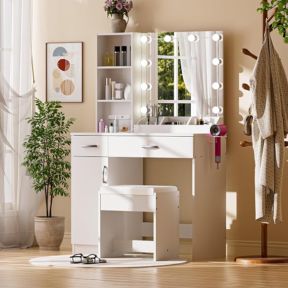 Vanity Set, Mirror with Multicolor LED Bulbs, Large Table Top and Storage Space, 2 Drawers, Open Storage, Adjustable Storage Space, Stool Included, White