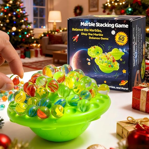 Family Game, Marble Balance Game60 Colorful Marbles with Built-in Storage|Fun Board Games for Kids&Adults|Exciting Party Game for 1-4 Player for Kids 8-14