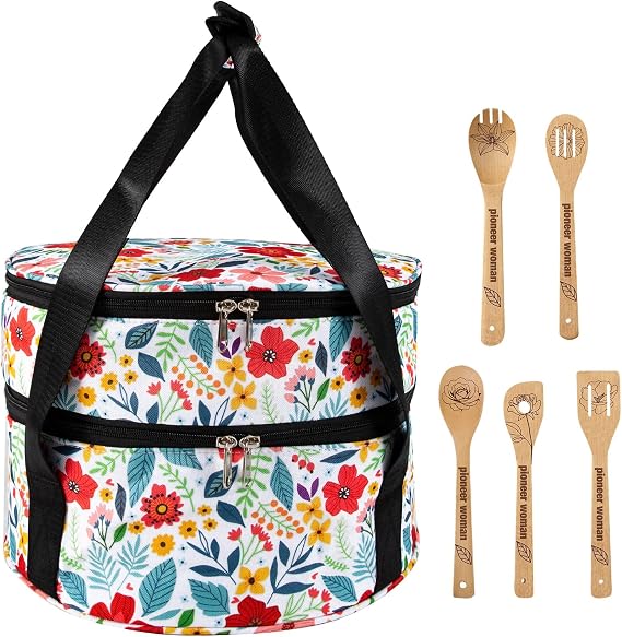Qchengsan Insulated Casserole Carrier,Round Casserole Carriers for Hot or Cold Food with 5 Wooden Spoons,Double Decker Food Pie Cake Carrier Dish Carrying Case,Pioneer Woman Kitchen Stuff for Picnic