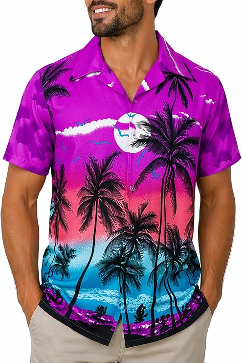 KING KAMEHA Plus Size Mens Hawaiian Shirt Short Sleeve Aloha Summer Shirt with Beach Print, Lightweight, Easy Care