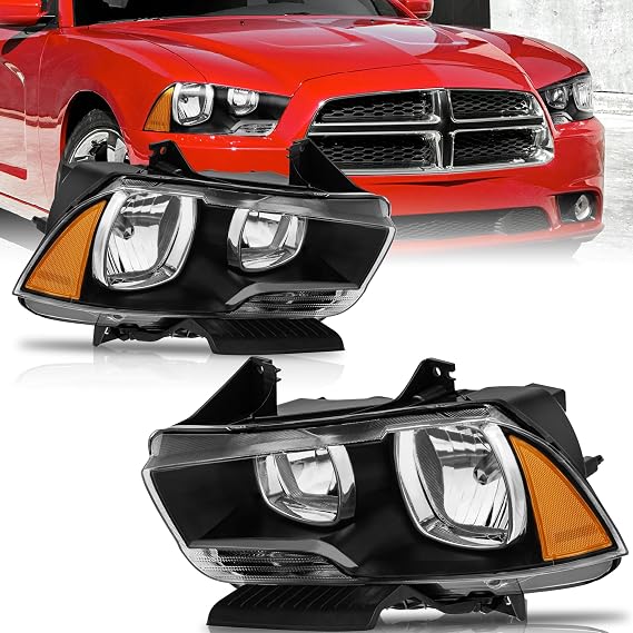 KUIPERAUTO Halogen Headlights Assembly Compatible for 2011-2014 Dodge Charger Black Housing Amber Reflector