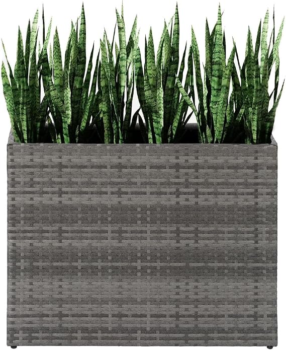 Taylor & Brown Tall Rectangular Rattan Wicker Planter with Removable Liner Large Indoor Outdoor Planters Flower Plant Pots Garden Box Patio Front Porch 61cm (H) x 81cm (W) x 28cm (D) (Grey)