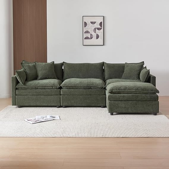 108.66" Modular Sectional Sofa with Ottoman, Modern L-Shaped Cloud Couch with Deep Seat, Soft Chenille Fabric Upholstered Sectional Couch for Living Room, Bedroom, Office