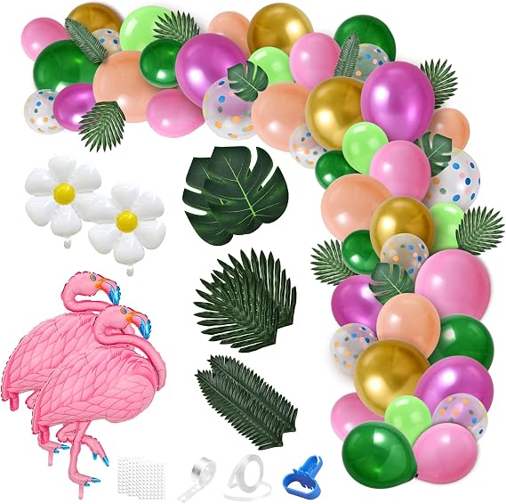 Hawaiian Luau Tropical Balloon Arch Kit Pink Flamingo,Dark Green Palm Leaves Party Supplies for Pool Parties, Beach Birthdays, Summer Celebrations and Outdoor Luau Decorations