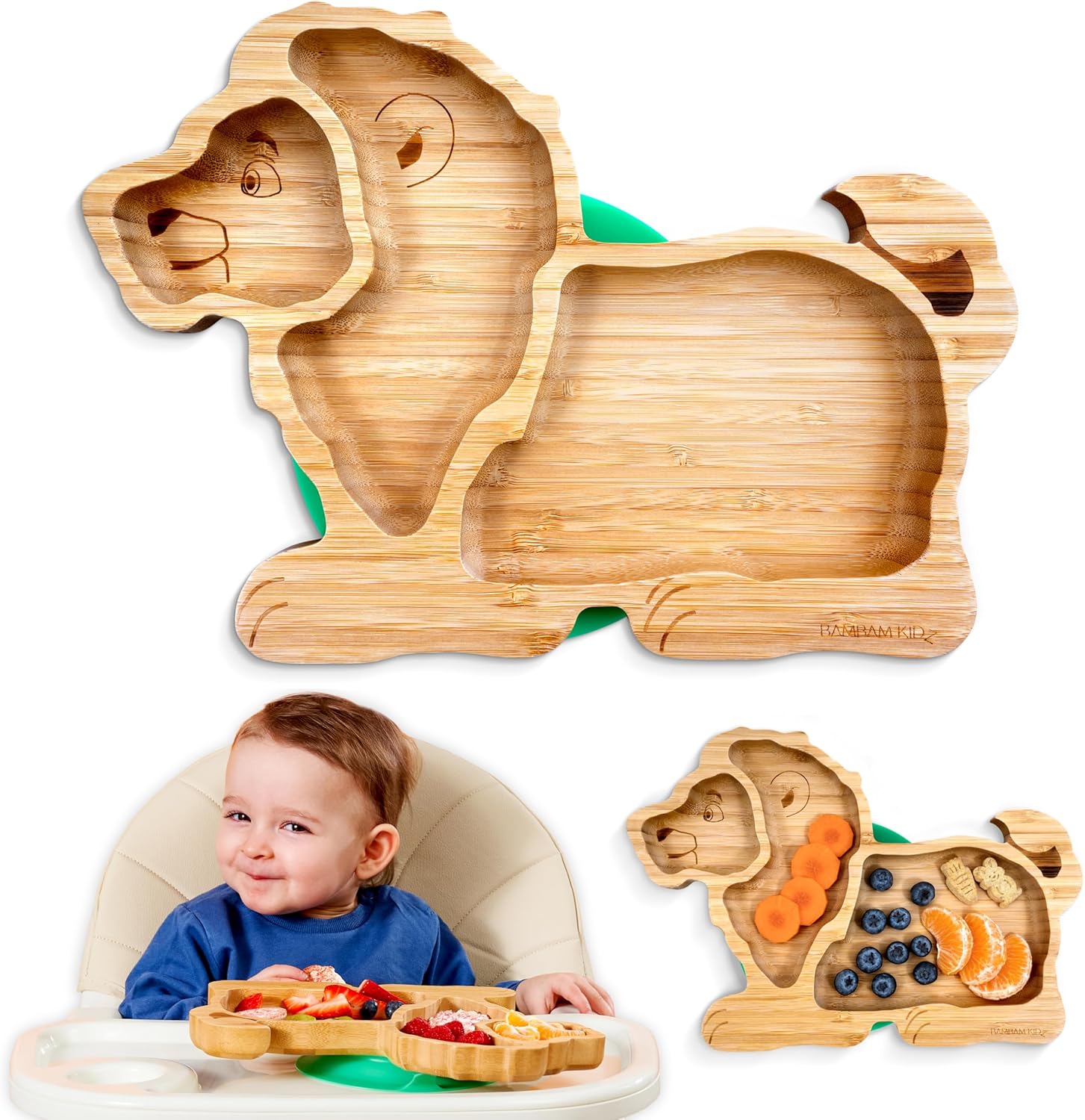 Bamboo Divided Suction Plates for Baby - Strong Suction Plates for Toddlers - Non-toxic All Natural Eco Friendly Materials - Lion