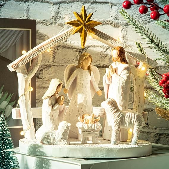 Large Nativity Scene with Lights, Nativity Story Resin Sculpted Hand Painted Nativity Figurine Set for Christmas Holy Family Manger Scene for Christmas Tabletop Decorations