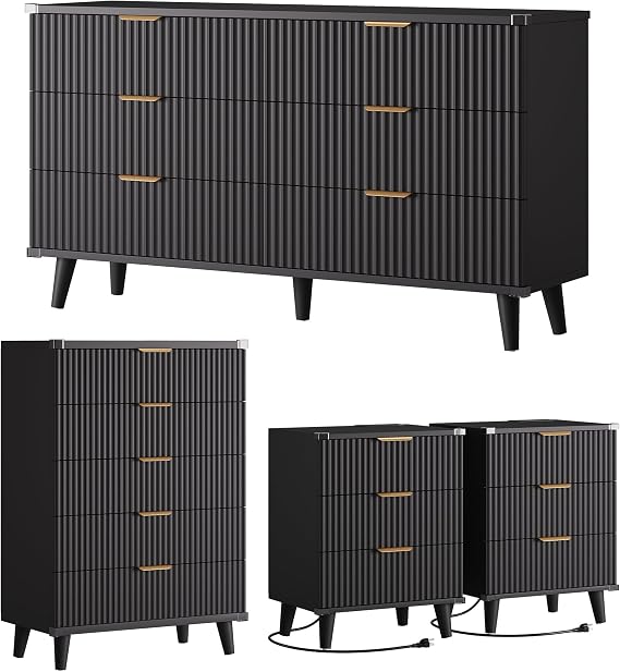 Modern Dressers and Nightstands Set 4-Piece, 2 Nightstands + 5 + 6-Drawers