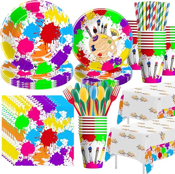APOWBLS Art Party Decorations Tableware - Paint Party Supplies, Paper Plate, Cup, Napkin, Tablecloth, Cutlery, Art Painting Graffiti Theme Birthday Baby Shower Party Decorations Dinnerware | Serve 24