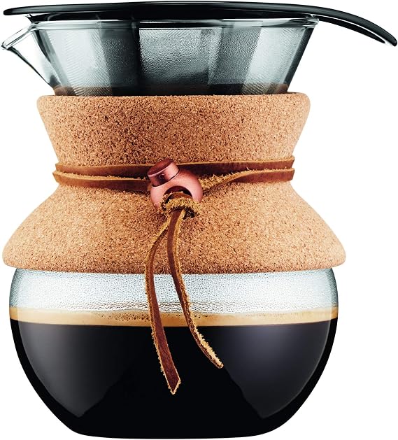 Bodum POUR OVER Coffee Maker, 500ml / 17oz Glass Carafe with Reusable Stainless-Steel Filter and Removable Cork Grip, Manual Drip Coffee Brewer, 11592-109