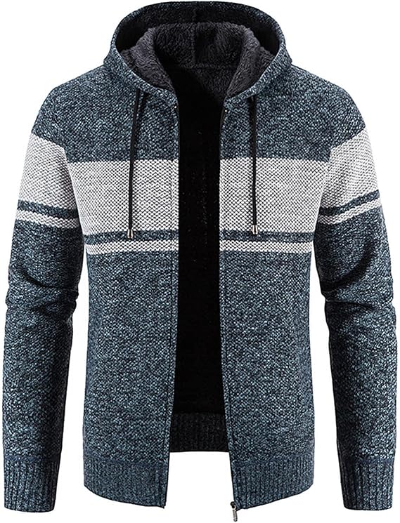 Mens Big and Tall Cardigan Sweater Long Sleeve Knitted Hooded Sweater Jacket Casual Fleece Lined Winter Warm Coat