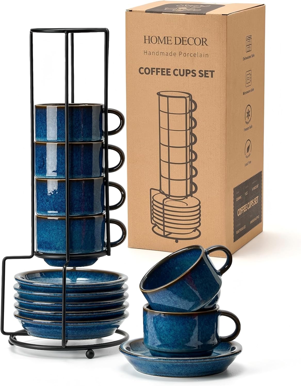 HOME DECOR Espresso Cups Set - Reactive Glaze Process - 6 x 147.8 ml Coffee Cups with Saucer &amp; Stand - Elegant Ceramic Cups for Espresso and Latte - Reactive Glaze Blue