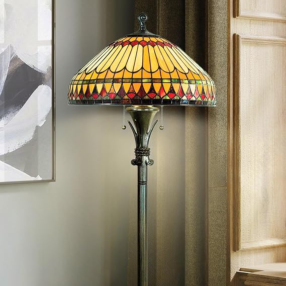 Luxury Tiffany Floor Lamp, Large Size: 59.5''H x 18''W, with Mediterranean Style Elements, Brushed Bullion Finish, UQL7211, Bexley Collection