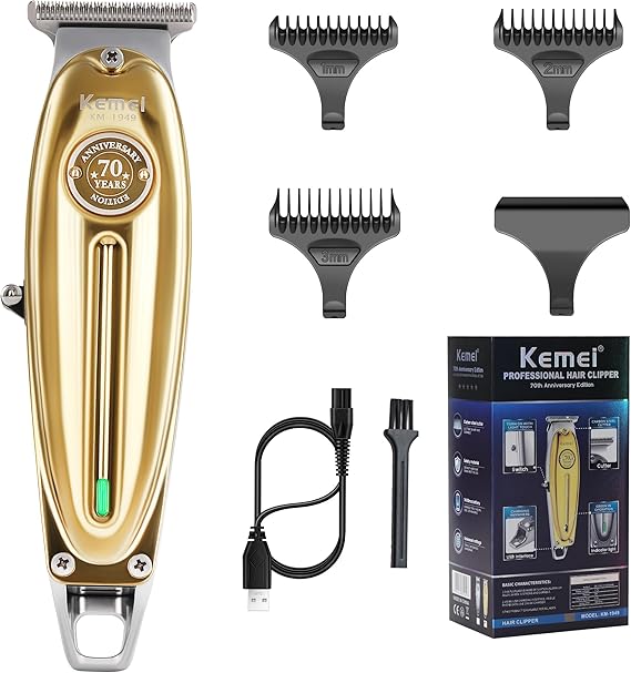 KEMEI Professional Beard & Hair Trimmer for Men Cordless T-Blade Trimmers | Electric Hair Clippers for Barbers and Stylists, All Body Grooming, KM-1949 Gold