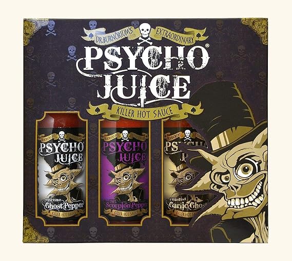 Psycho Juice Gift Box - Mega Hot Collection 1 - Trio Chilli Sauces - Extreme Ghost Pepper - 70% Scorpion - Roasted Garlic