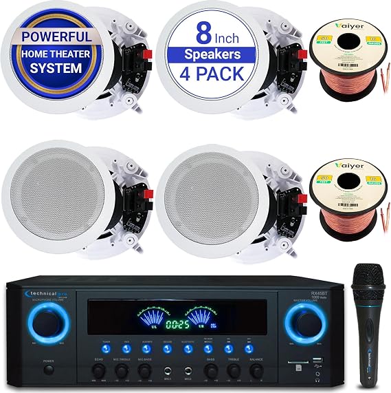 Vaiyer Sound System Kit, 1000 Watts Bluetooth Amplifier | w/ 4 Qty of 8" Framed Ceiling Speakers 300 W Each, Mic, 100 ft Speaker Wire, Remote Perfect for Home, Office, Bar, Restaurant