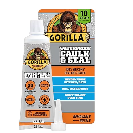 Gorilla 100% Silicone Caulk, Waterproof Sealant, 2.8oz Squeeze Tube, Clear | 10 Year Mold Resistant, Ready for Water Exposure in 30 Minutes, Works on Multiple Surfaces