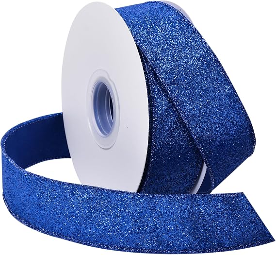YAMA Blue Glitter Wired Ribbon 1-1/2 inch x 20 Yards, Blue Christmas Wired Ribbon for Christmas Tree, Gift Wrapping, Wreath, Crafts, Bow Making and Party Decoration