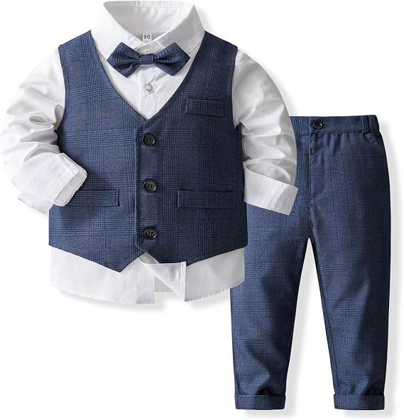 Kimocat Boys 3Pcs Clothing Sets Elegant Long Sleeve Shirts + Vest with Flower+Pants Party Suit