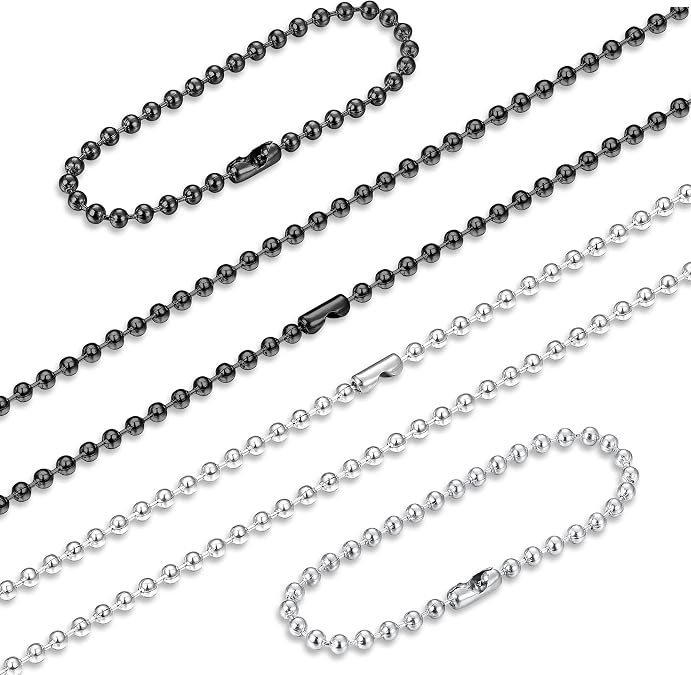 ORAZIO 2PCS Stainless Steel Military Dog Tag Ball Chain Necklace for Men Women 2.4mm Bead Chain Set with Connector Silver Tone Black 20-30 Inches