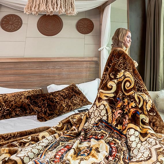 JML Sherpa Flannel Blanket, 3-Ply Fleece Blanket with Pillow Shams for Winter- Soft, Warm, Thick, Korean Style, Brown Floral Printing with Embossed Pattern