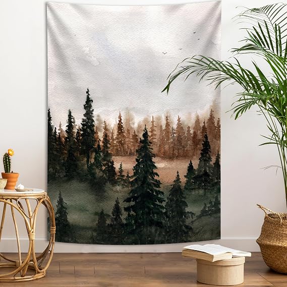 Flysea Autumn Mountain Forest Tapestry Brown Watercolor Fir Tree Fall Landscape Wall Hanging Nature Scenery Small Long Aesthetic Vertical Bedroom Window Backdrop Breaker Box Cover Art Decor 2840 inch
