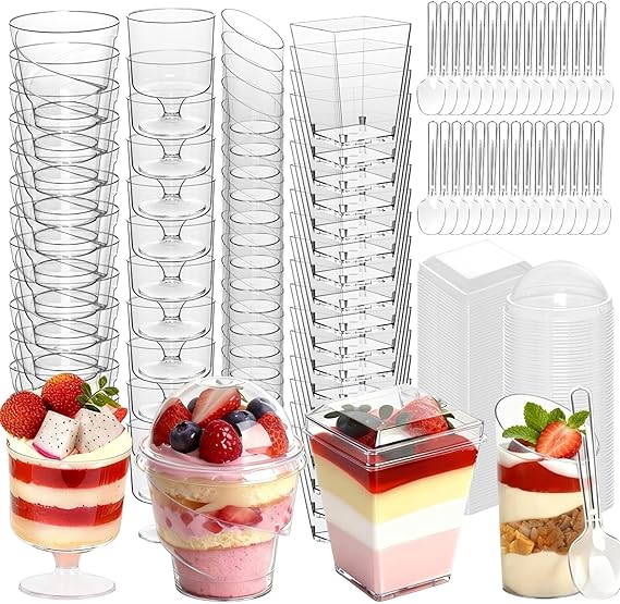 400-Pack 5 oz Dessert Cups with Lids and Spoons, Clear Plastic Parfait & Yogurt Cups, Mini Shooter Cups for Parties, Ice Cream, Pudding, Fruit | Square Appetizer Containers