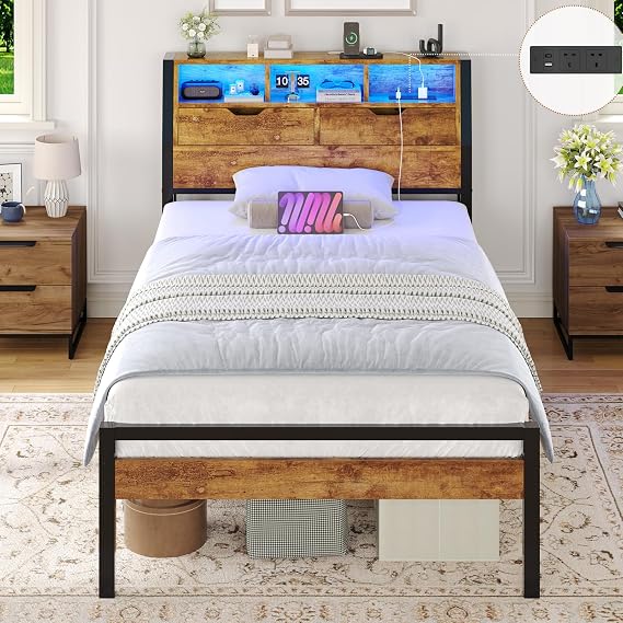 Brinlawb Single Bed Frame with Power Strip & LED Lights, Stable and Sturdy Metal Single Bed Frame with Wooden Headboard -2 Door Storage Compartments, 90x190cm Platform Bed Frame, No Box Spring Needed