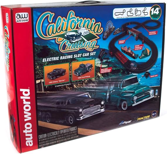 Round 2 14' California Cruising Pacific Coast Highway Slot Race Set 1956 Ford F100 Pickup Truck 4 Gear 1955 Chevrolet Bell Air Traction, Multicolor SRS331