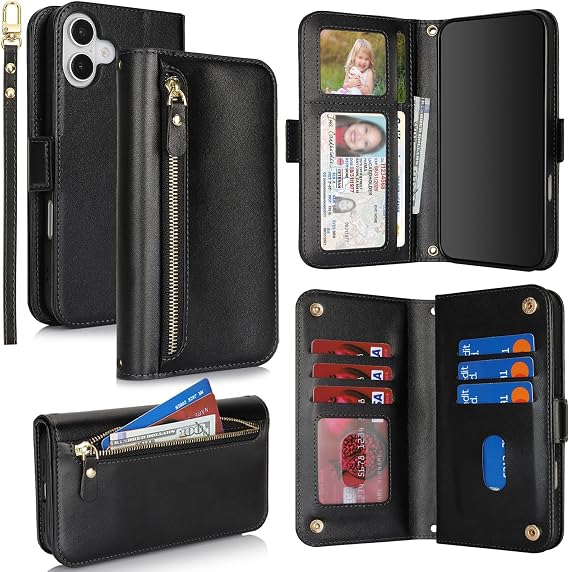Compatible with iPhone 17 Wallet Phone Case flip Cover for Apple 17 Black PU Leather, Women Men, Kickstand, Wrist Strap, Zipper, Card Holder, Credit Slots, 6.3"