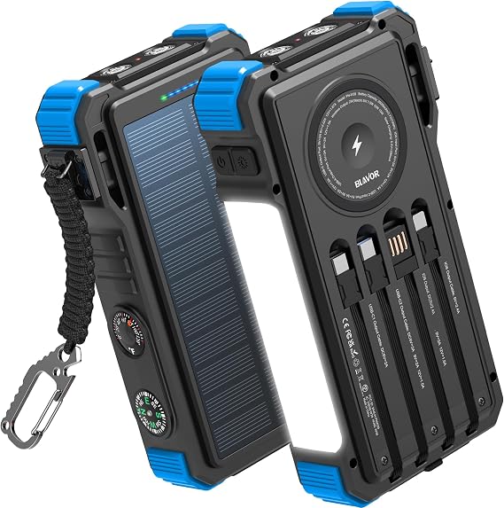 BLAVOR Solar Power Bank 20000mAh Built-in Cables, Wireless Charger for Phones & Apple Watch, 20W Fast Charging Battery Pack with USB C, Flashlight, Solar Charger for iPhone, iPad, iWatch, Samsung