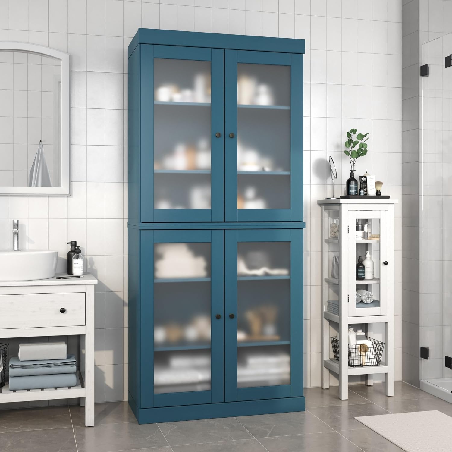 Palace Imports 100% Solid Wood 32 Bathroom Cabinet with Optional Doors by Teal Blue - 4 Doors Frosted