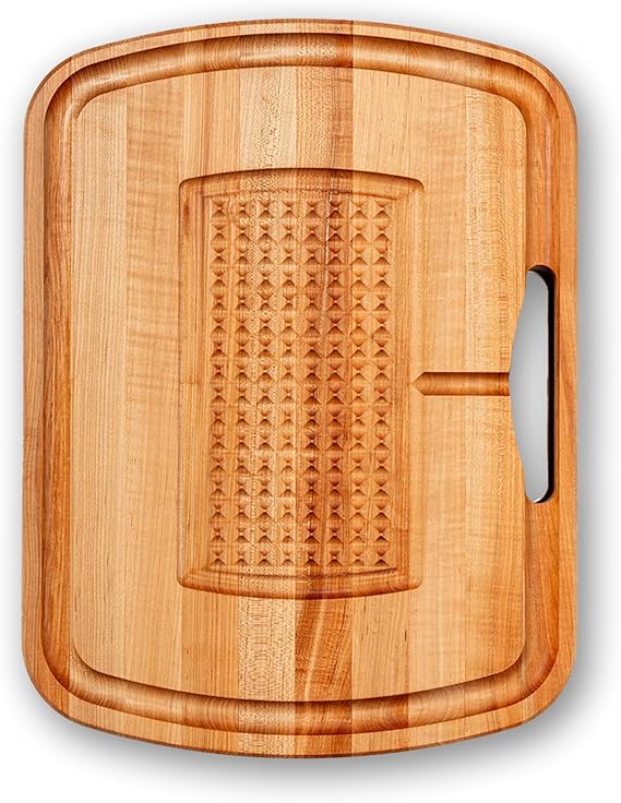 John Boos Maple Wood Cutting Board, 24x18 2.25 Thick, 31-lb Reversible Wooden Butcher Block with Catch Pan, Sloped Juice Groove, Edge-Grain & Finger Grips - Carving Series