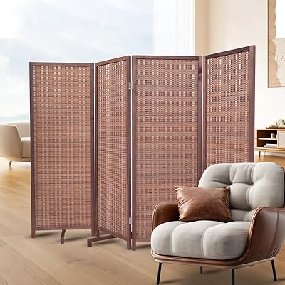 4 Panel Short Bamboo Room Divider with 360Rotating Feet, 47 High Folding Privacy Screen for Room Separator, Handcrafted Freestanding Room Partition,Portable wall Divider,Brown, 47.24 H x 63 W