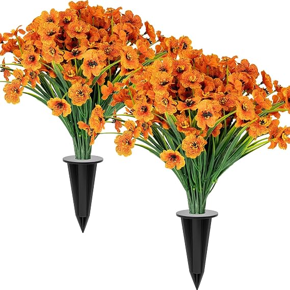 20 Bundles Fall Artificial Flowers for Outdoors, Indoor Fake Flowers with Ground Spike for Door Yard Porch Patio Garden Office Table Kitchen Planter Pot Vase Flowerpot Decorations Orange