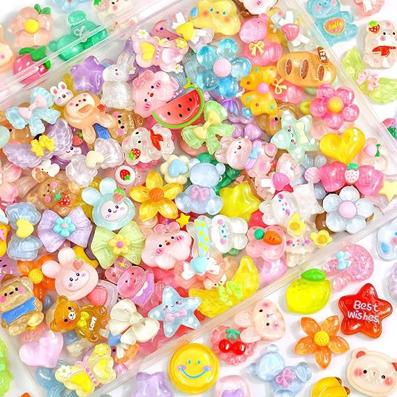 PLUSHCEWT 100 Pcs Mixed Slime Charms Set,Cute Flatback Resin Charms for DIY Crafts,Slime Accessories​ &amp; Resin Accessories for Scrapbooking,Junk Case Charms,Phone Charm Crafting &amp; DIY Decoration